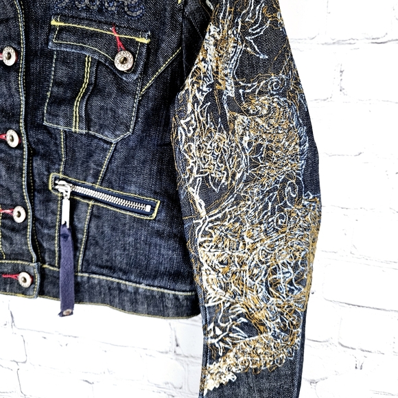 PEOPLE 4 PEACE | dark wash denim button up embroidered cropped jean jacket - Picture 2 of 8